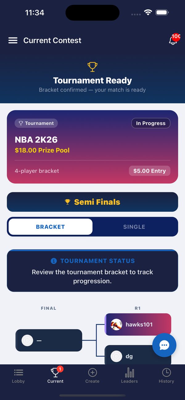 A live tournament bracket at the semifinals