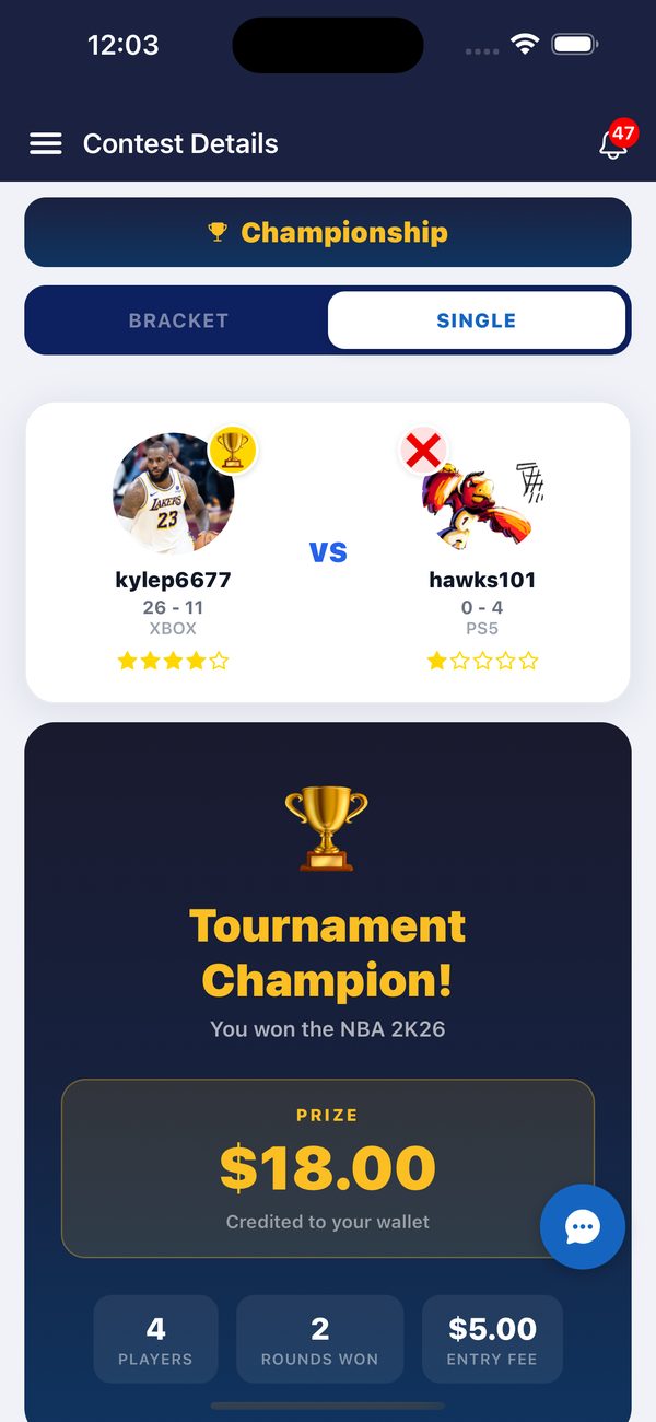 Tournament champion screen with the prize credited to the wallet