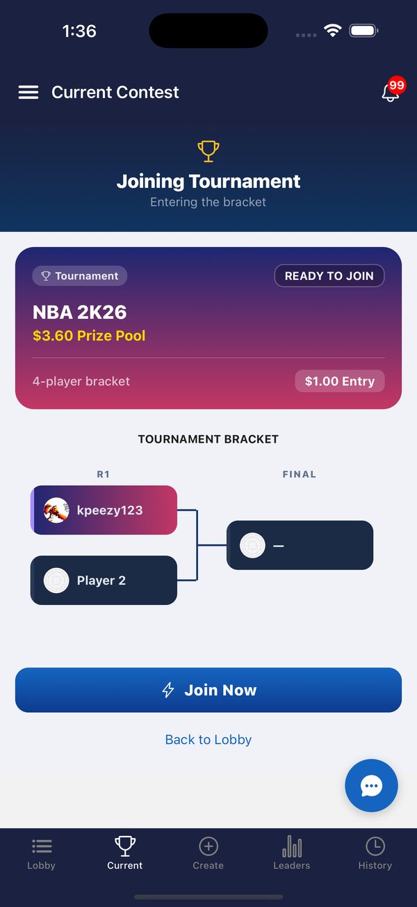 Joining an NBA 2K tournament in the Daily Gaming app