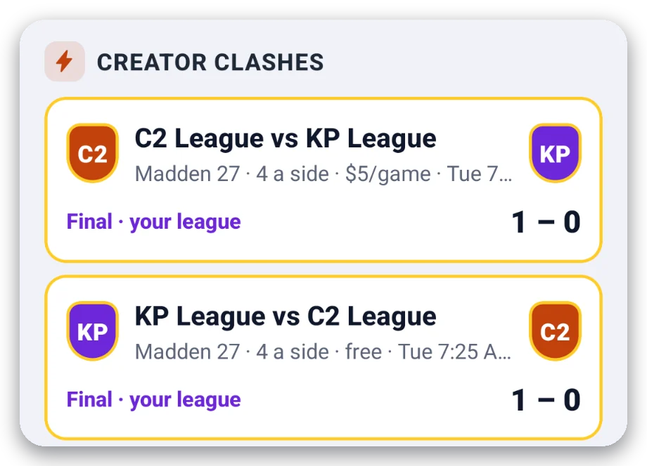 Creator Clash results in the Events tab