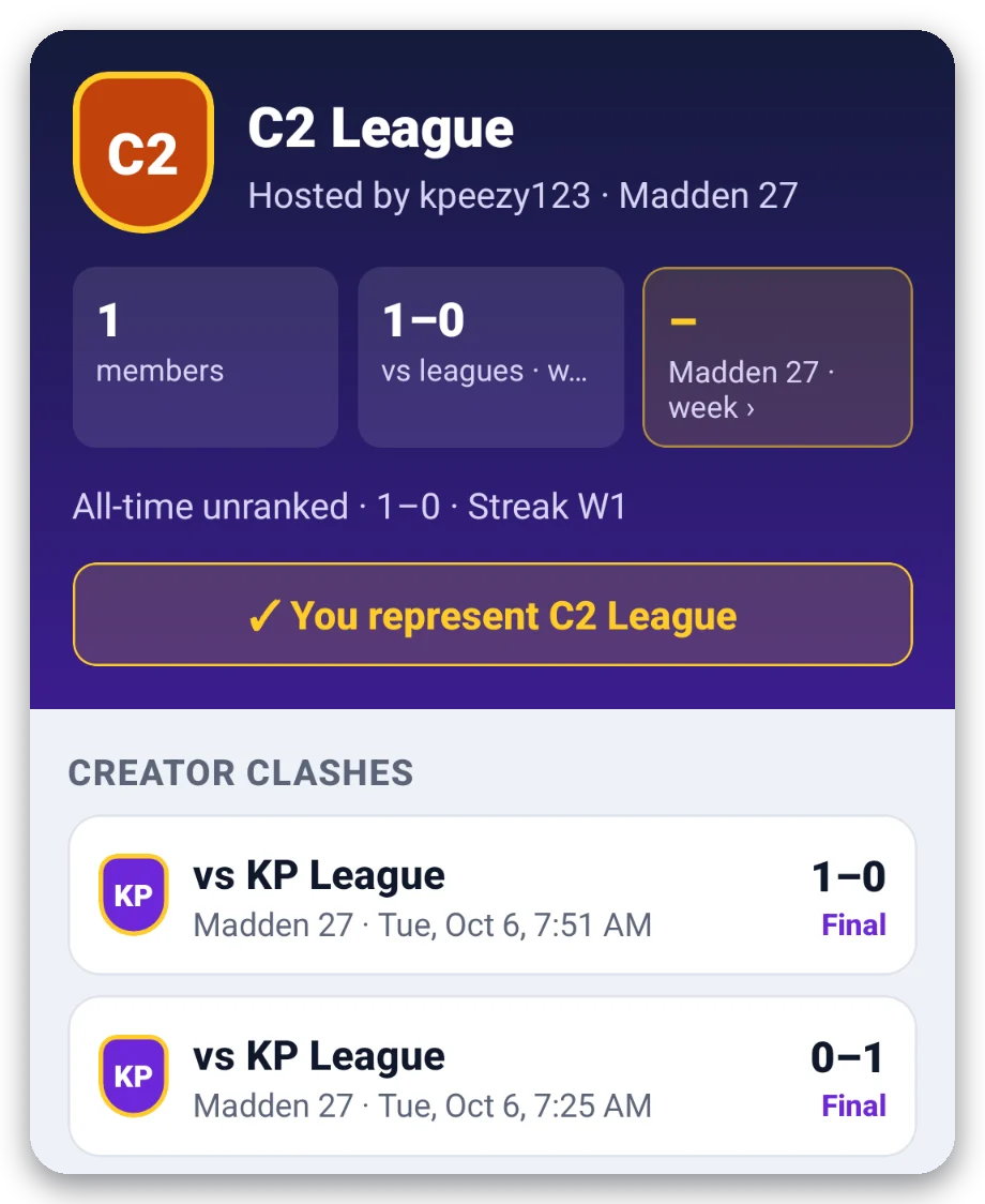 A league page in the Daily Gaming app: crest, members, record and Creator Clashes