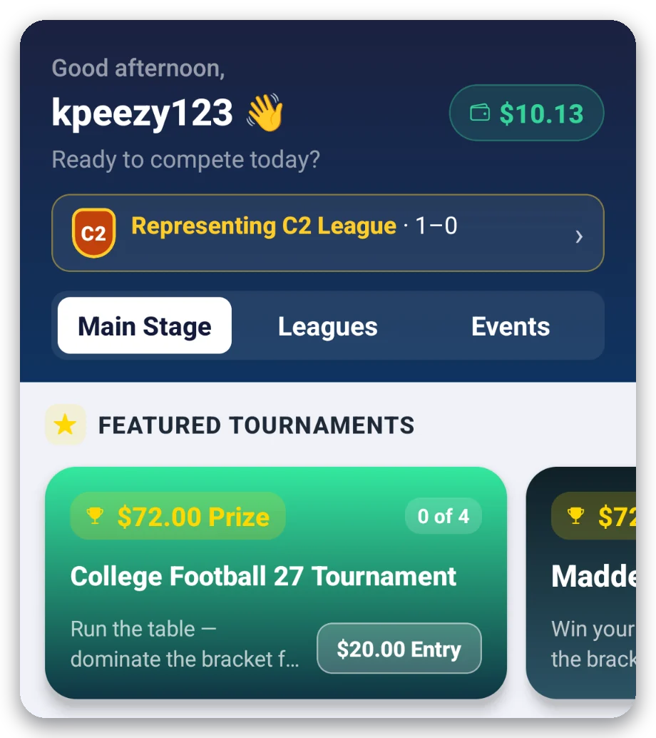 The Main Stage lobby with a Representing strip and Main Stage, Leagues and Events tabs