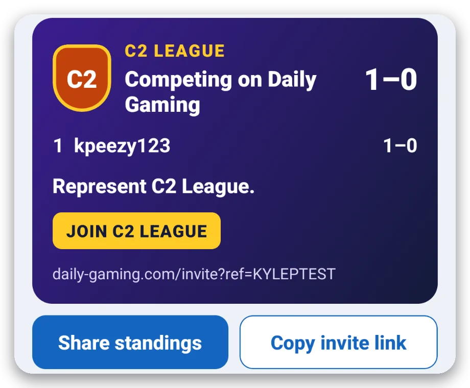 A shareable league standings card with a Join button and invite link